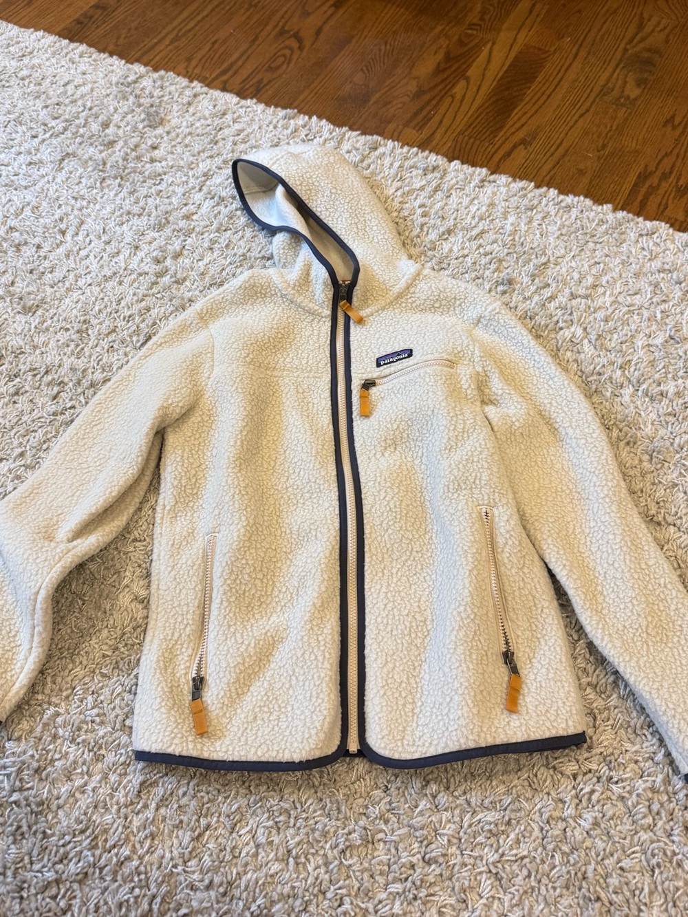 Patagonia Cream Sherpa Zip Hoodie with Navy Trim and Gold Pulls